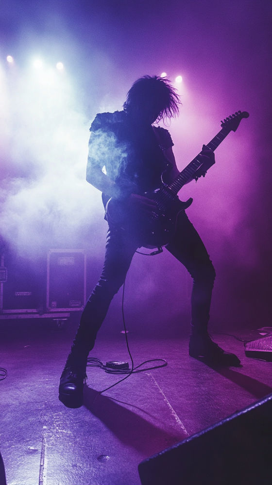 rocker playing guitar in front of teleprompter