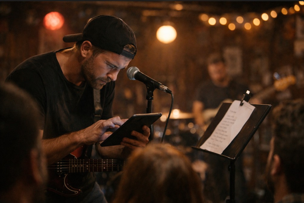 cover band musician squinting at ipad