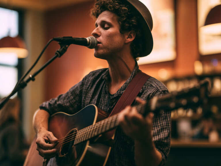 guitarist in coffee shop glancing at a stage monitor