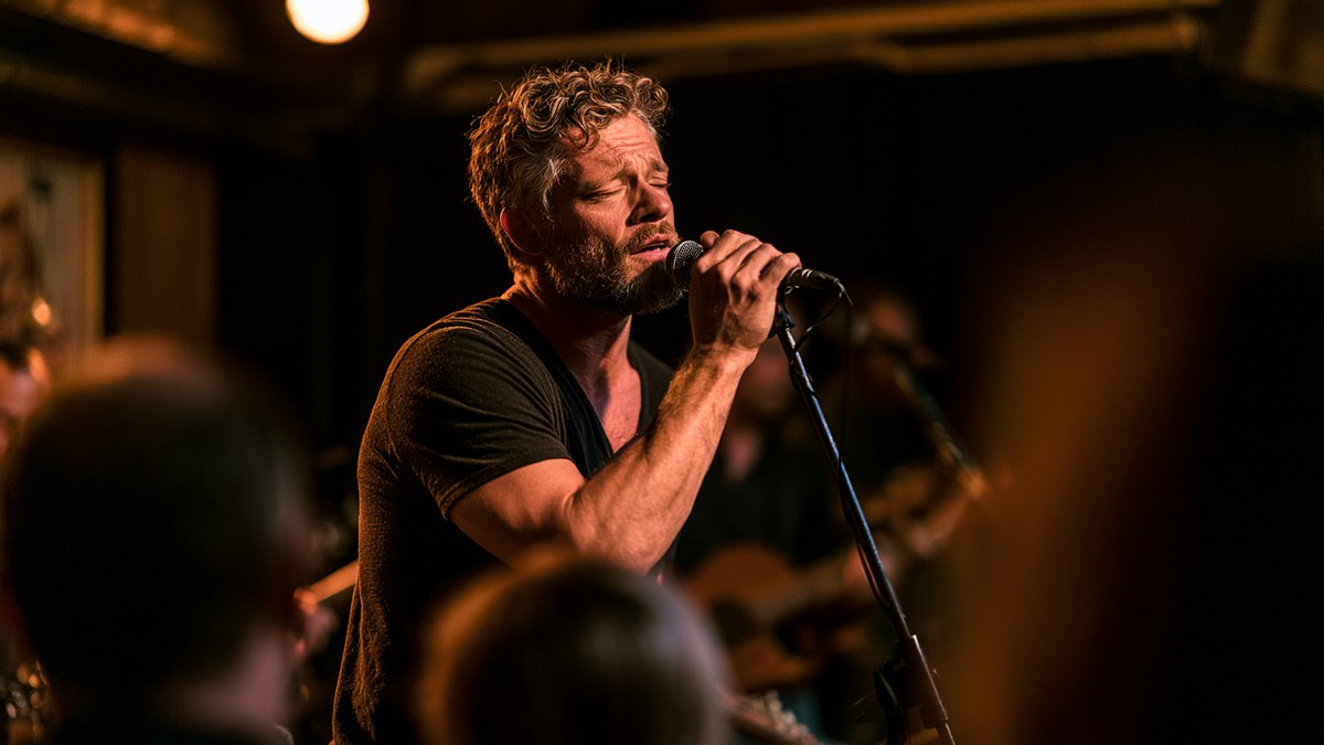 male musician concentrating singing into mic at a club