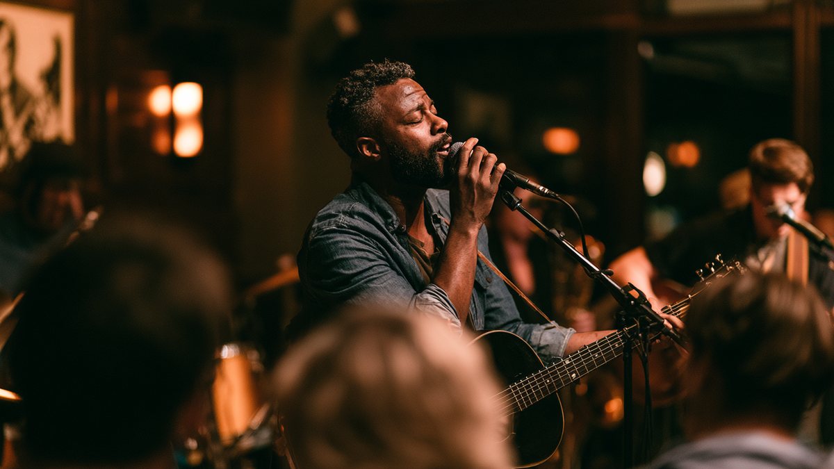 singer focusing on playing and singing