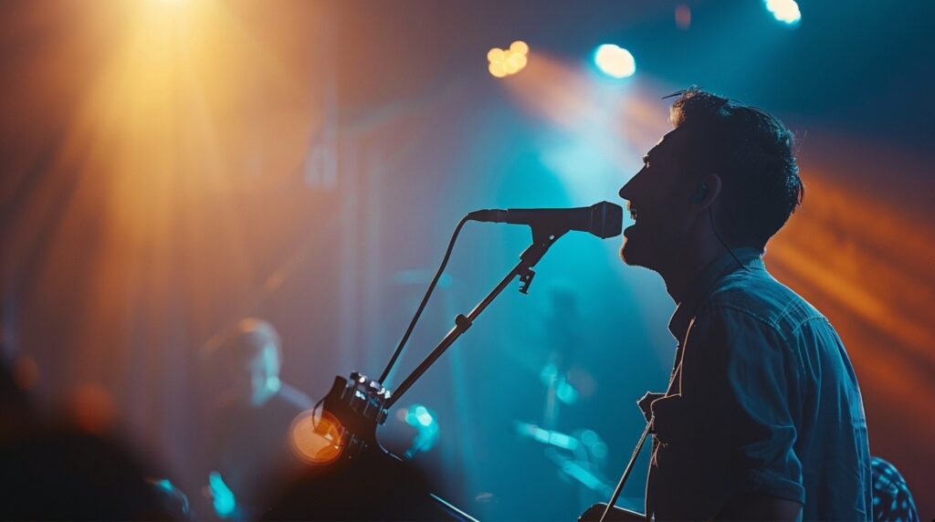 male vocalist with guitar singing with no ipad